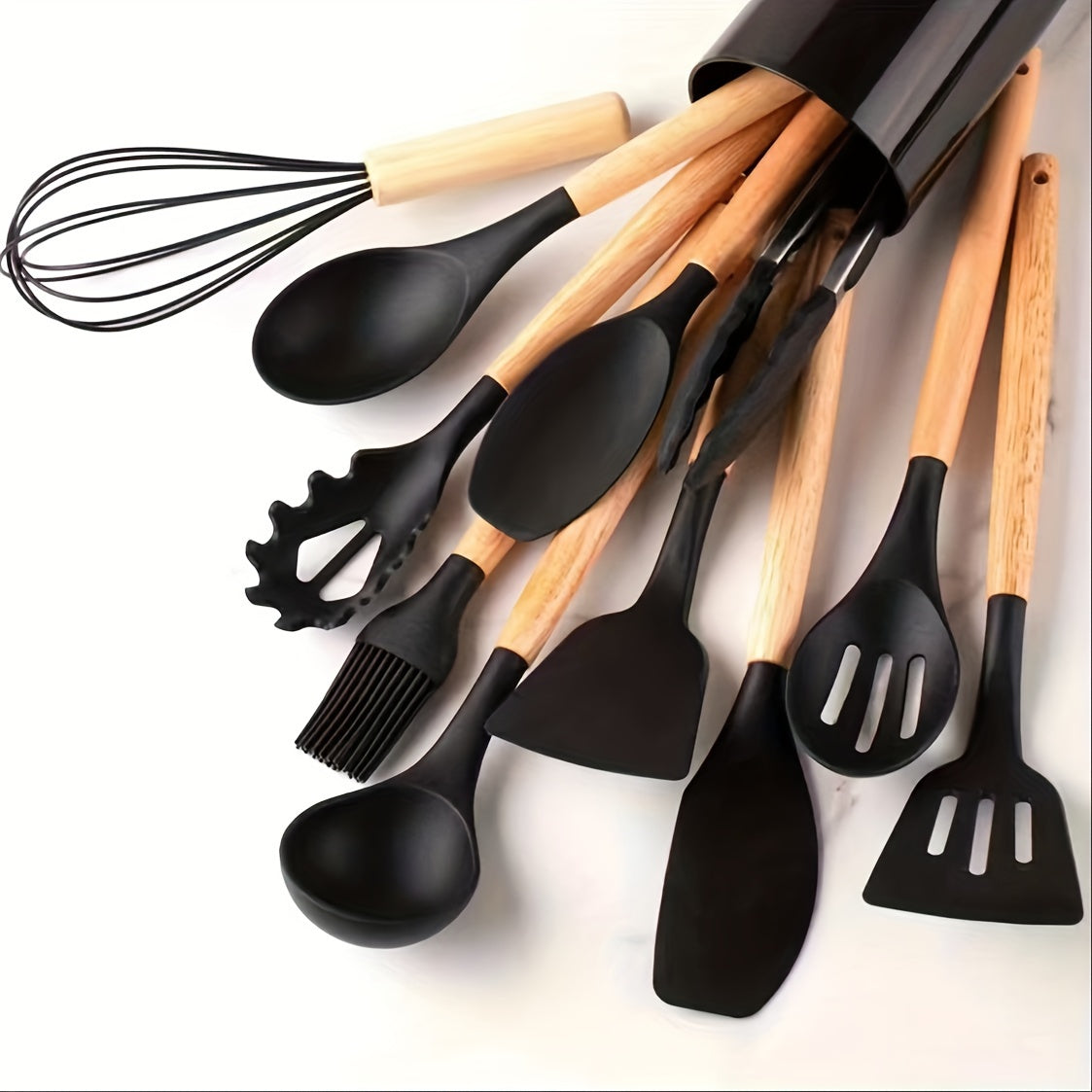 Set of 12 silicone utensils with khaki color and wooden handles, ensuring safety while cooking. These non-stick kitchen tools are washable and modern, providing a range of cookware and gadgets for your kitchen.