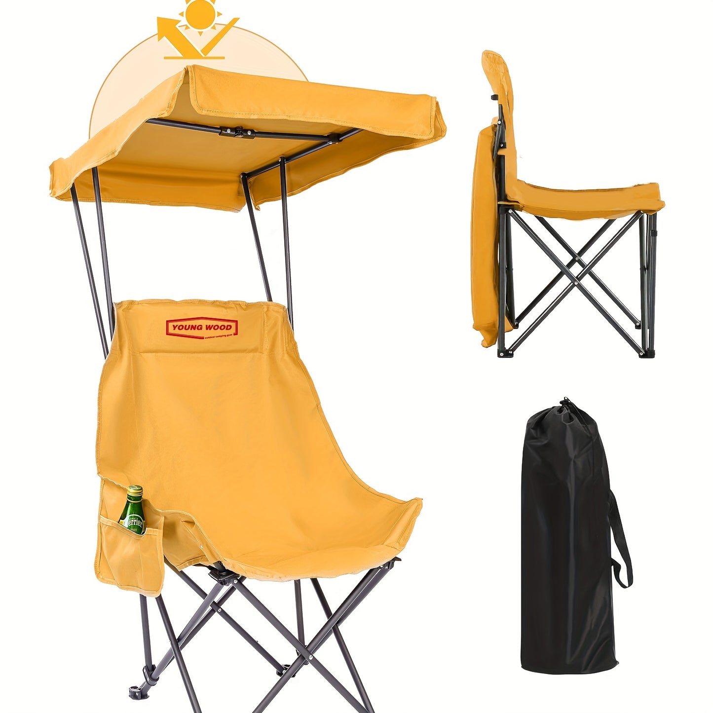 Portable folding camping chair with adjustable sun shade canopy, side pockets, 50+UPF sun protection, durable 600D Oxford fabric. Supports up to 149.69 KG, ideal for beach, camping, outdoor