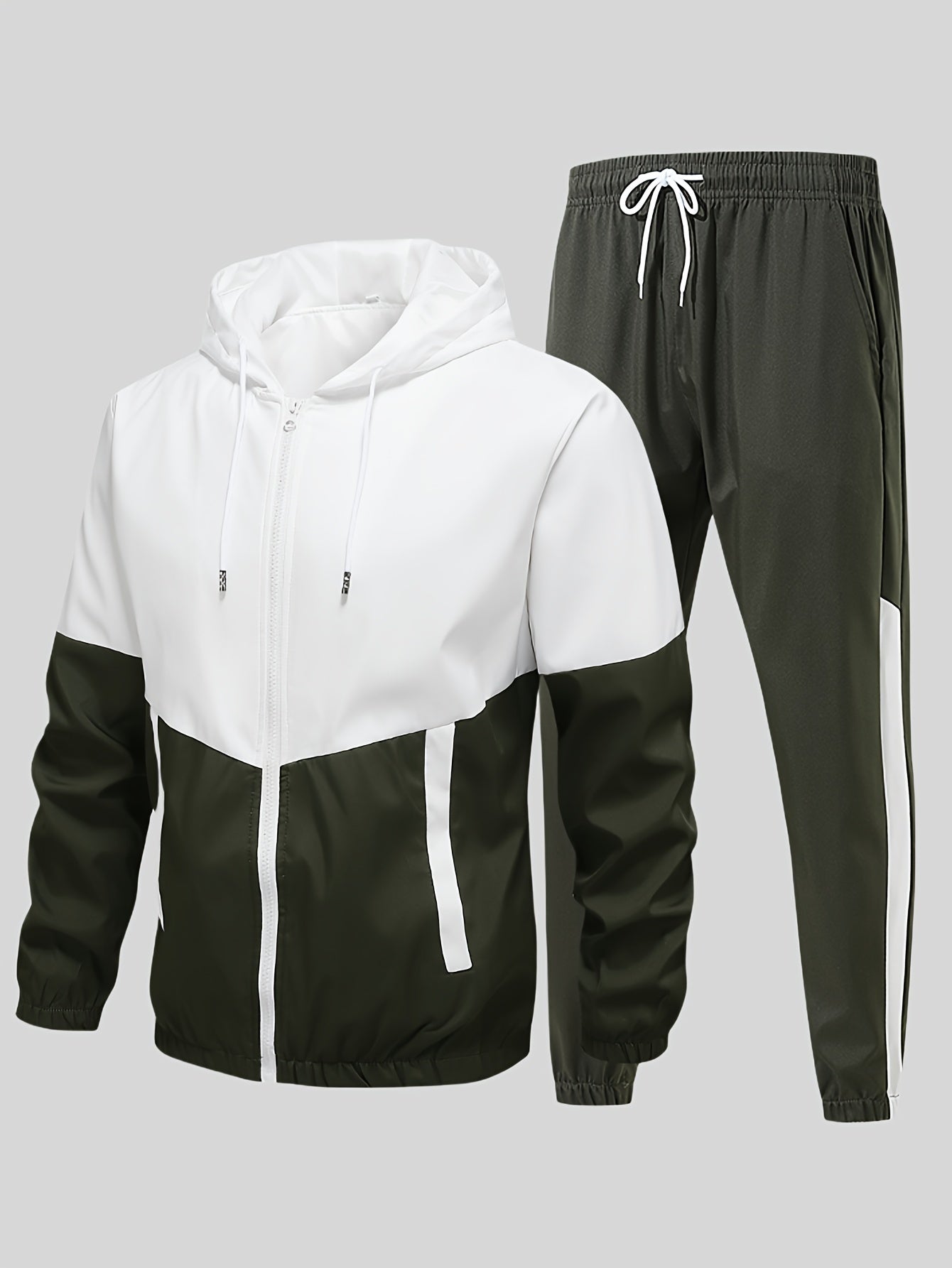 Men's 2-piece casual sports set with hooded jacket and pants in a stylish color block design for a trendy athletic look during spring or autumn.