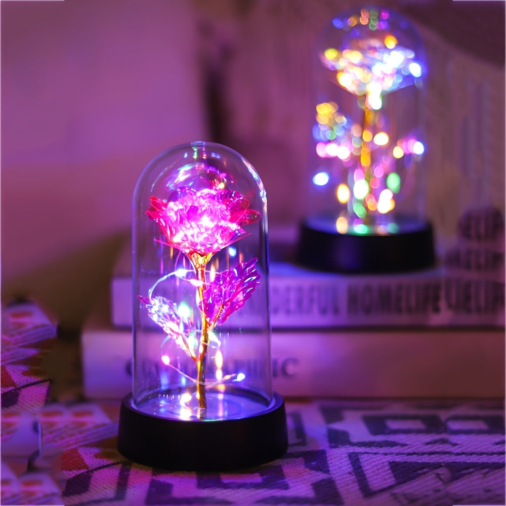 LED-lit Golden Foil Rose in Glass Dome - Battery-Powered Night Light with Pink or Yellow Flowers, great for gifting on special occasions like Valentine's Day, Mother's Day, weddings, and anniversaries. Ideal present for sisters, friends, and lovers.