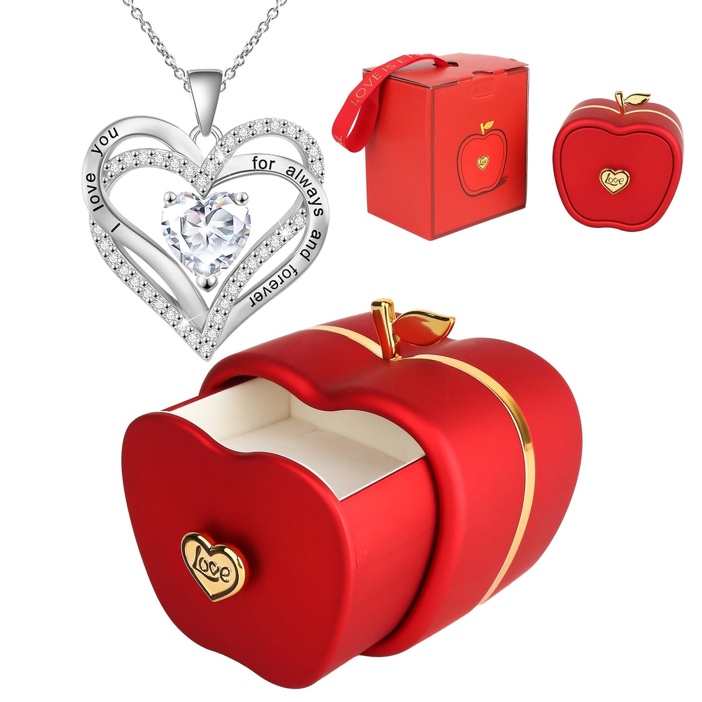 Stunning Double Heart Pendant Necklace in an Exquisite Red Apple Gift Box, Crafted with Silver Plated Copper and Synthetic Zirconia, a Versatile Piece of Jewelry Perfect for Any Occasion. Great for Gifting during Christmas, Valentine's Day, Mother's Day