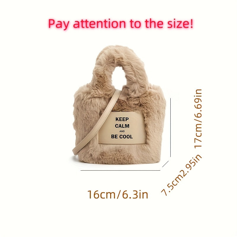 Stylish khaki bucket bag for women with faux fur, magnetic closure, spacious interior, fluffy texture, and secure shoulder strap.