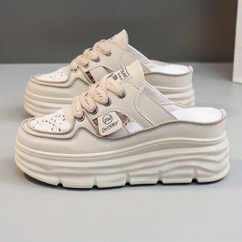 Women's breathable platform mule sneakers with cutout design, lace-up closure, and comfort for summer wear.