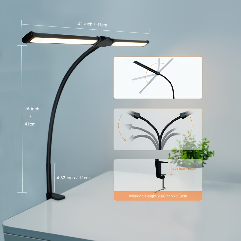 Home office desk lamp with double head clamp, 15W ultra bright, 30 lighting modes, ideal for learning and reading.