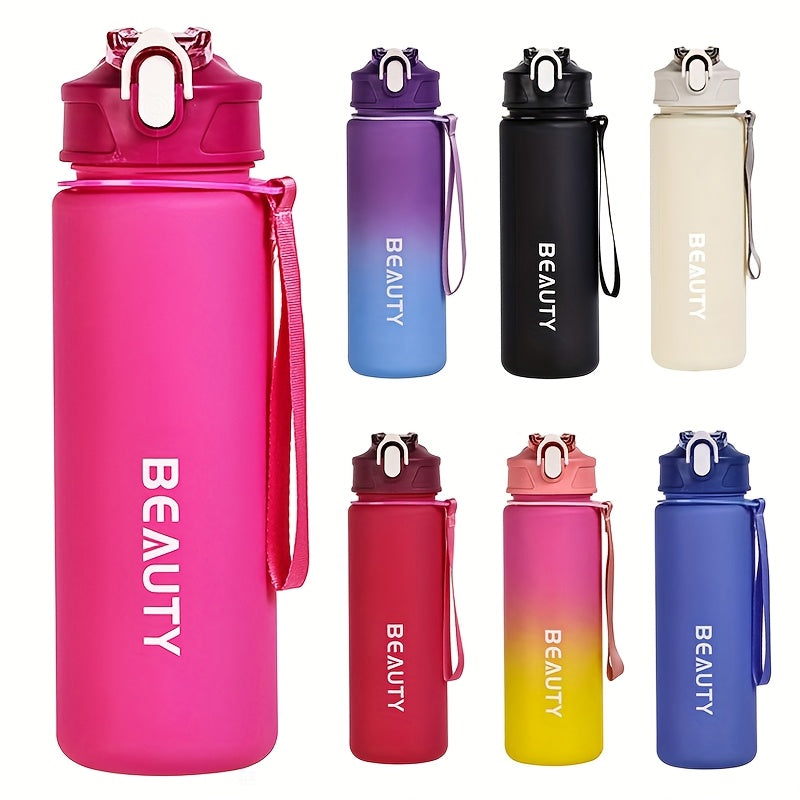 Durable, lightweight, and portable frosted plastic water bottle with scale for outdoor sports and office use.