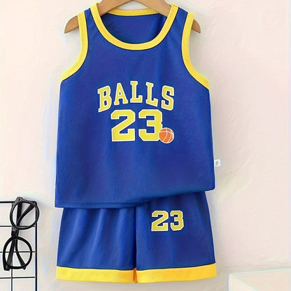 Youth #23 Basketball Jersey and Shorts Set in Red & White, 100% Polyester, Breathable, Sleeveless with Letter Print, Ideal for Spring/Summer Outdoor Sports.