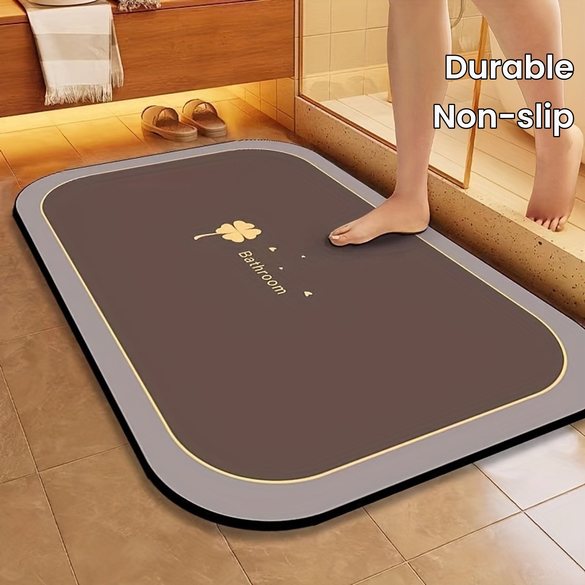 Ultra-absorbent non-slip bathroom mat with diatom mud floor rug, quick-dry and odorless. Perfect for shower, tub, toilet, and entryway. Ideal for home decor. Made of superfine fiber material. Hand wash only for best results.