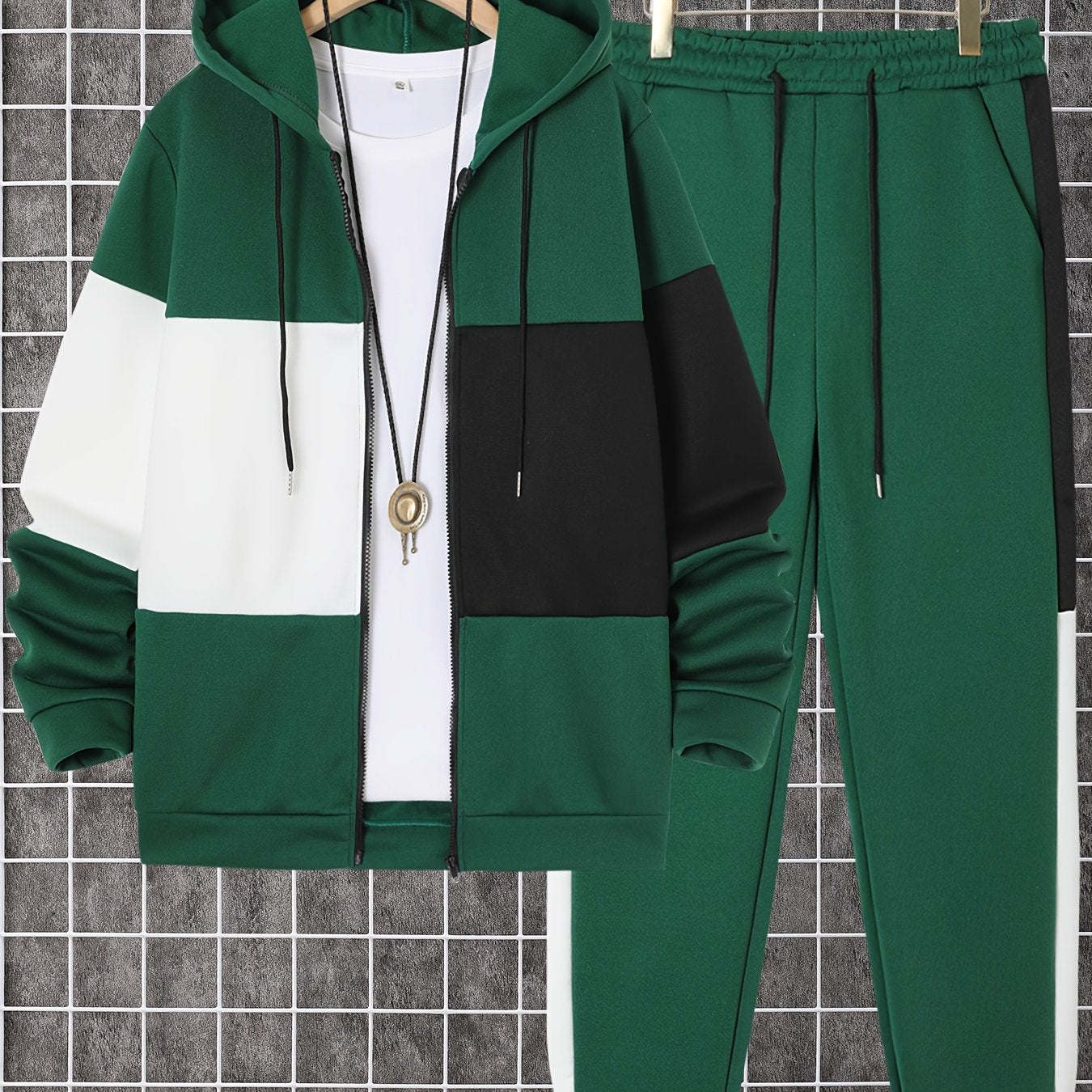 Men's 2-piece color block athletic tracksuit with long sleeve zip up hoodie, drawstring, and jogging pants for gym workouts and running.