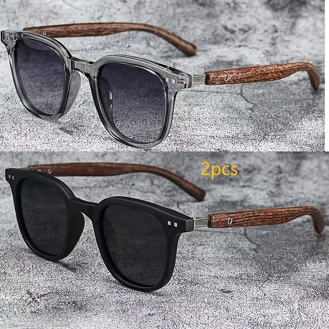 2 Unisex Vintage Square Frame Fashion Glasses with Wood Grain Temple for Beach Travel