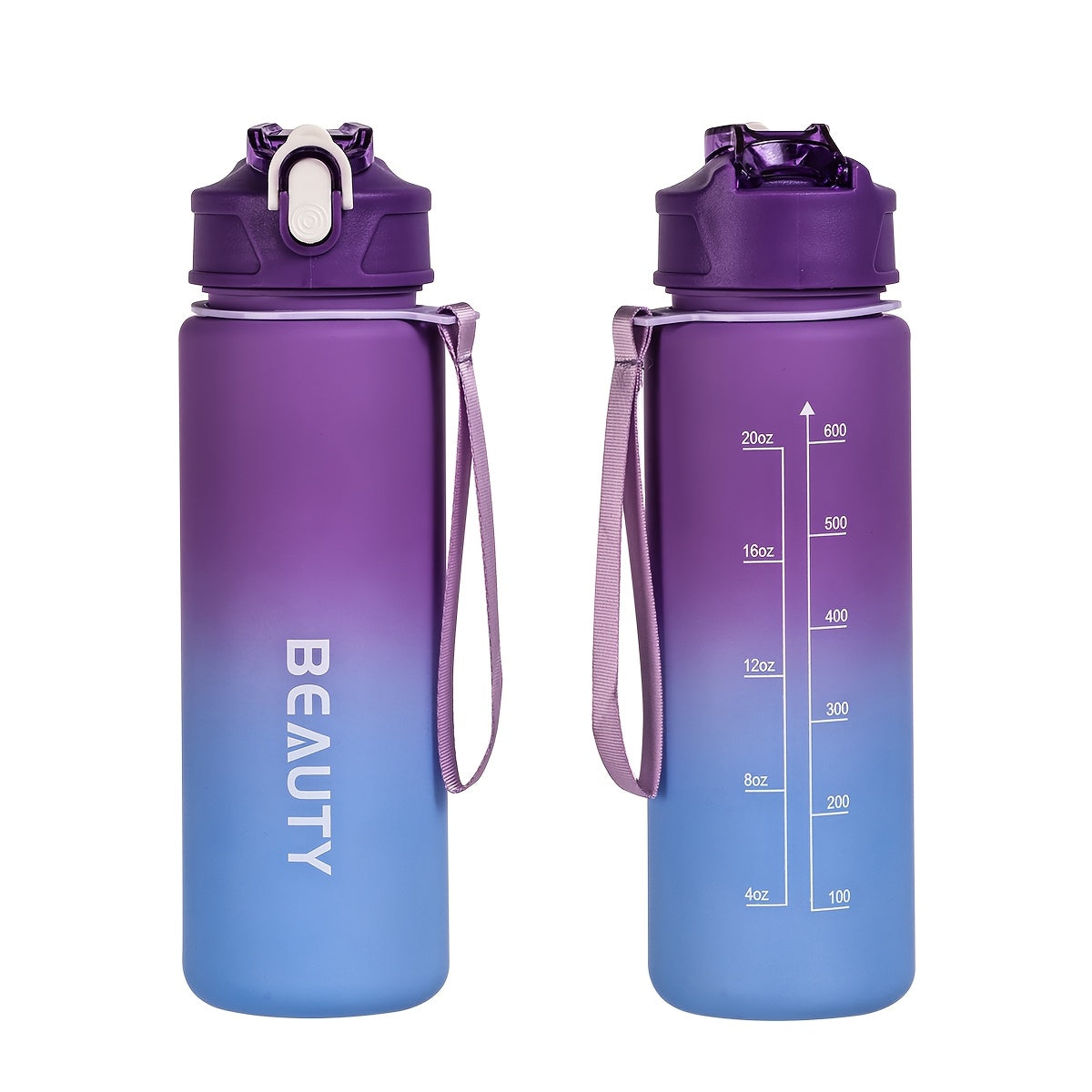 Durable, lightweight, and portable frosted plastic water bottle with scale for outdoor sports and office use.