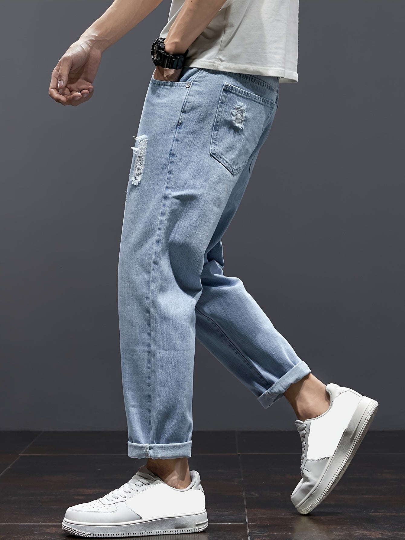 Summer 2024 Men's Distressed Denim Jeans: Straight leg, loose fit, stretch waist, trendy cropped casual pants with ripped detailing, machine washable.