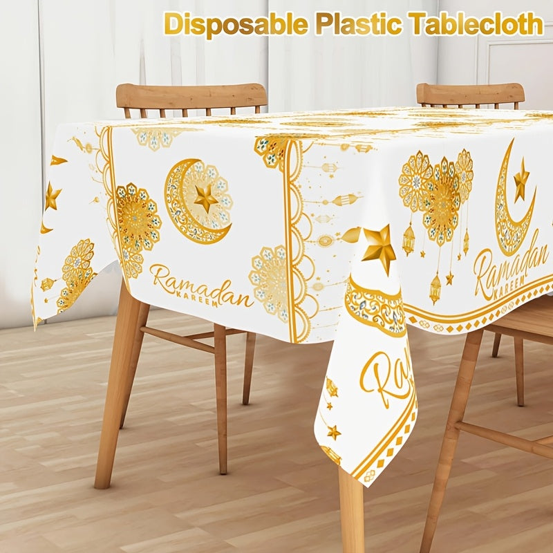 1pc White & Golden Ramadan Kareem Disposable Plastic Tablecloth, 130x220cm, featuring Moon, Lantern, & Star pattern. Ideal for Islamic Muslim parties, Eid Al Adha & home celebrations.