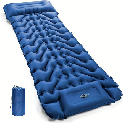 Inflatable sleeping pad with pillow, pump, and repair kit - perfect for camping, travel, and hiking. Made of durable nylon and includes storage bag.