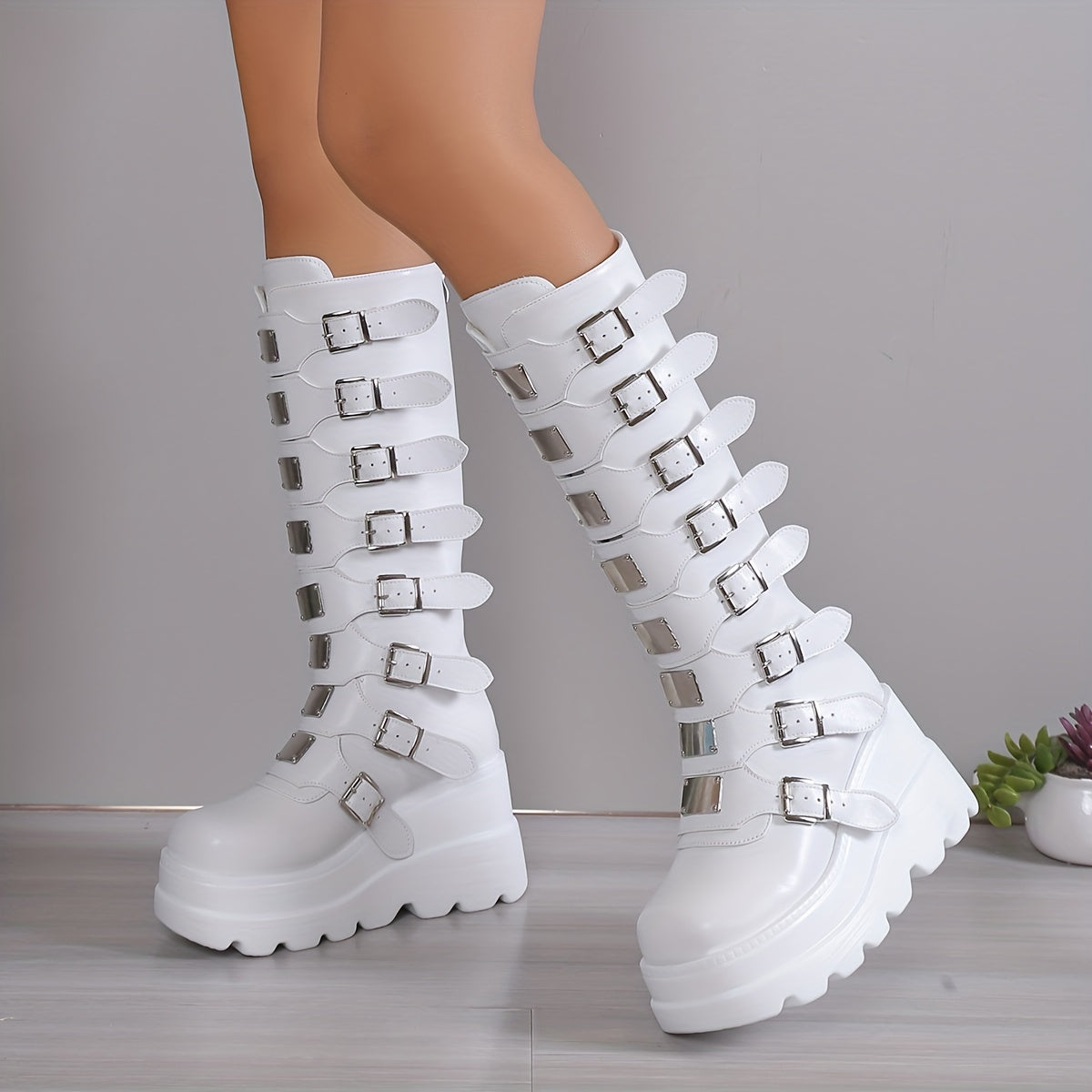 Women's fashionable buckle strap wedge boots with back zipper, perfect for carnival and music festivals.