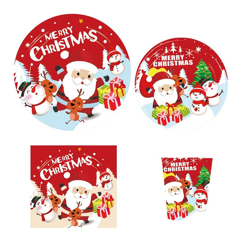 Christmas-themed party tableware set with disposable paper cups, plates, and tablecloth. Perfect for New Year, birthdays, or any festive celebration. Enhance your home, room, and party scene with this festive decoration. Perfect for all your holiday