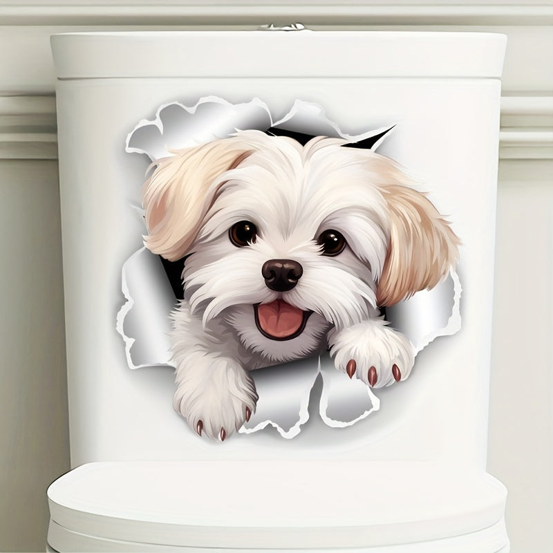 White dog toilet decal for easy stick and removal, ideal for home decor.