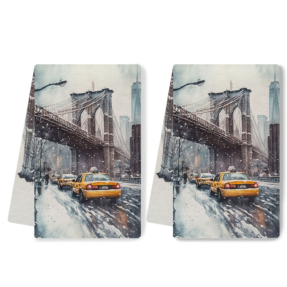 Get two ultra soft kitchen towels featuring a New York Cityscape winter scene. These highly absorbent and machine washable dish hand towels measure 40.64x60.96 cm. Add a contemporary style to your holiday decor with these absorbent dish towels made of