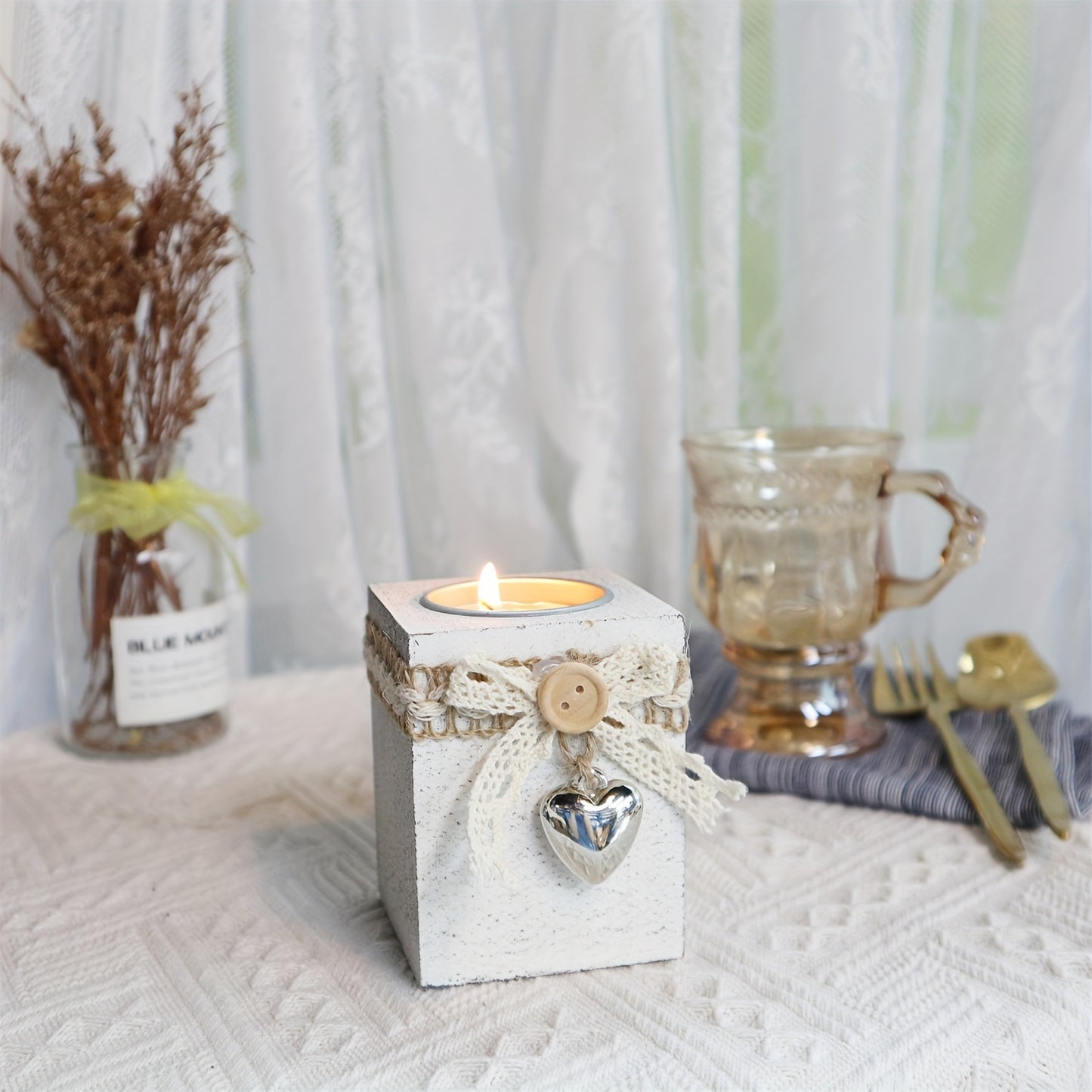 Wooden candle holder for table decoration, ideal for creating a romantic atmosphere for dates, dinners, or Halloween.