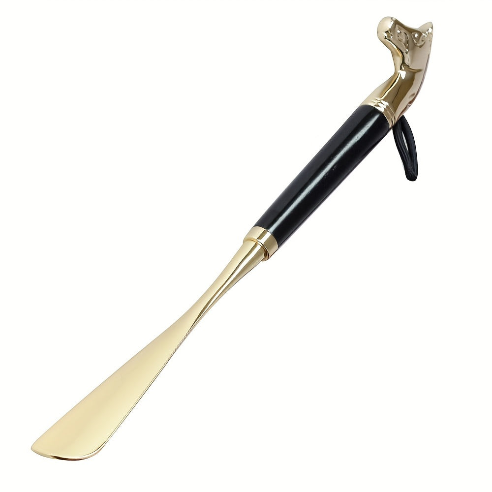 Extra long horse head shaped metal shoehorn, 55.88 cm in length, allows you to wear shoes without bending over.