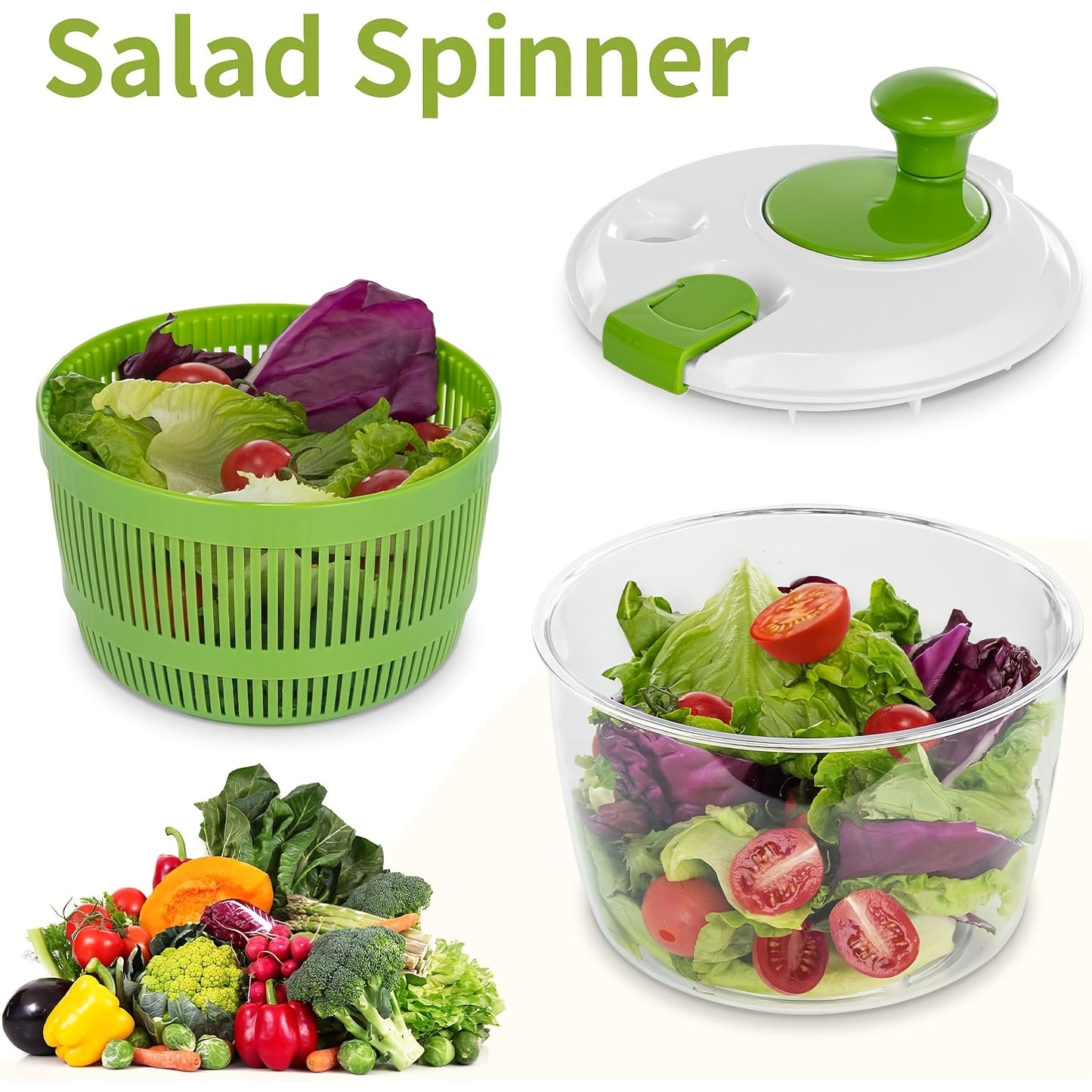 Plastic salad spinner with filter basket for drying salad, fruits, and vegetables in the kitchen. No electricity needed, includes rotating bowl and mesh basket.