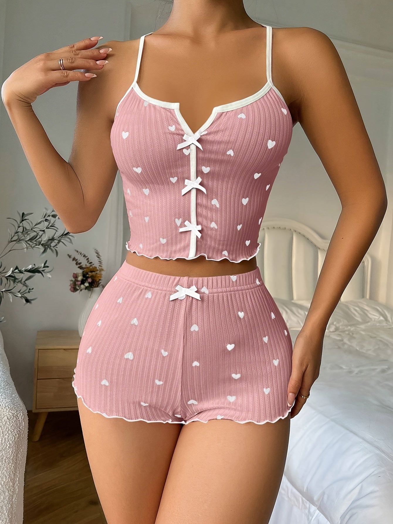 Heart print frill trim pajama set with backless crop top and shorts, perfect for summer nights.