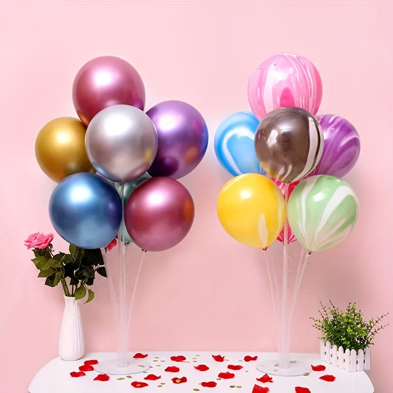 Balloon garland stand kit with 7-head clear balloon column holders, reusable and no electricity needed. Includes base for party decorations, birthdays, weddings, home decor, and event centerpieces. Suitable for ages 14+.