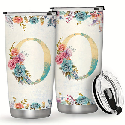 20oz Stainless Steel Tumbler with Initial Monogram, Floral Design, Leak Proof Lid, Perfect for Outdoor Activities, Great Gift for Holidays.