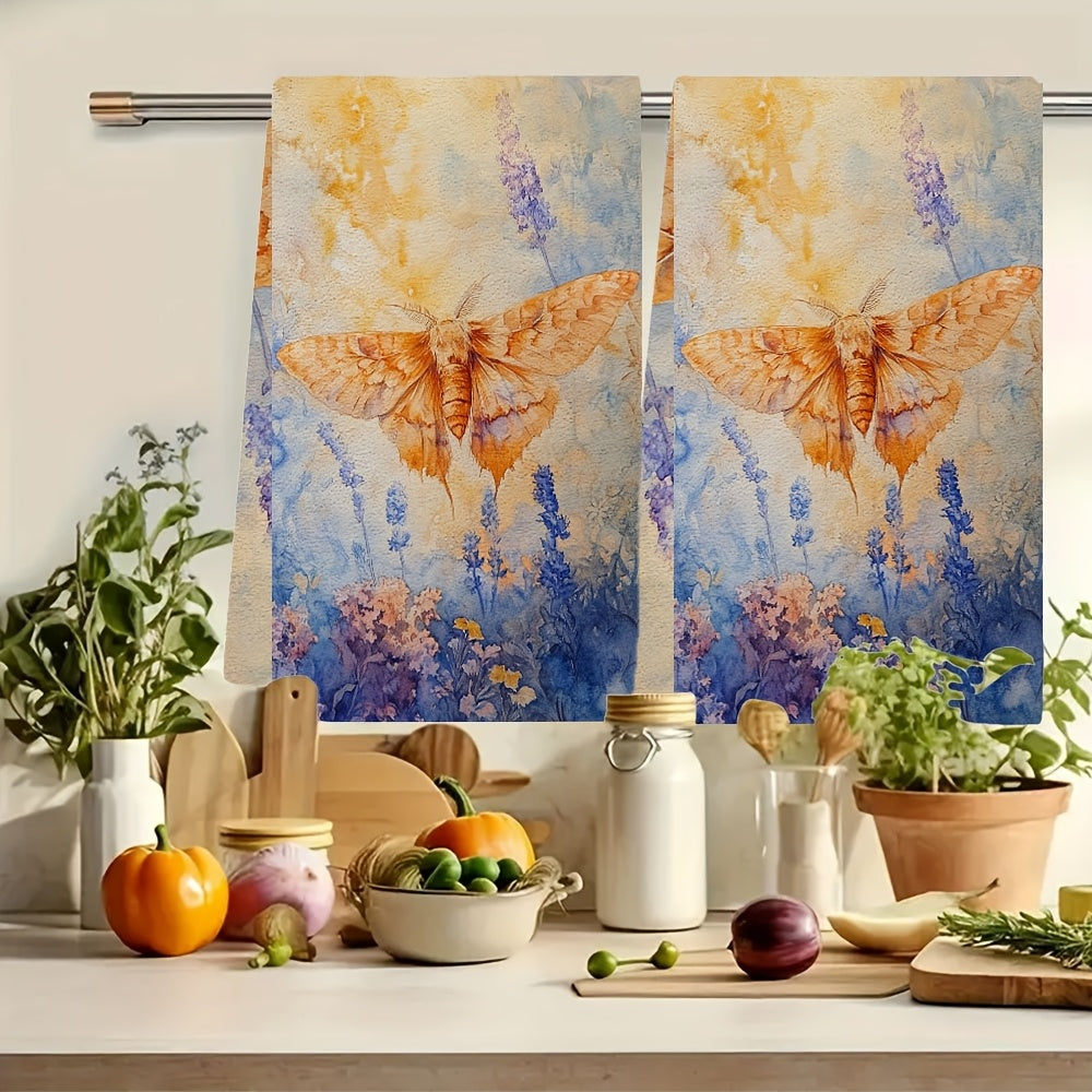 Set of two ultra soft kitchen towels featuring a whimsical moth and floral design. These highly absorbent dish hand towels are machine washable and perfect for contemporary coastal decor. Each towel measures 40.64x60.96 cm.