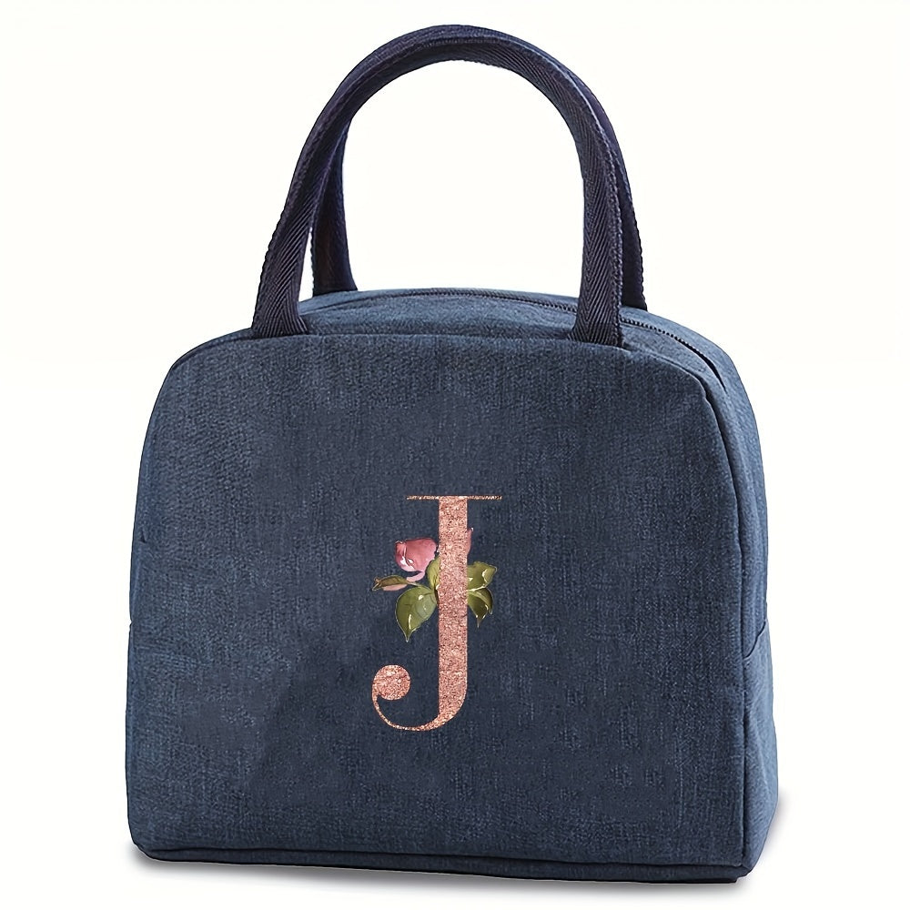 Insulated lunch bag with monogram, featuring a rose gold design. Made of waterproof, leakproof, BPA-free polyester material. Includes a square thermal food storage compartment with an ice compartment. Easily washable by hand. Perfect for school, office