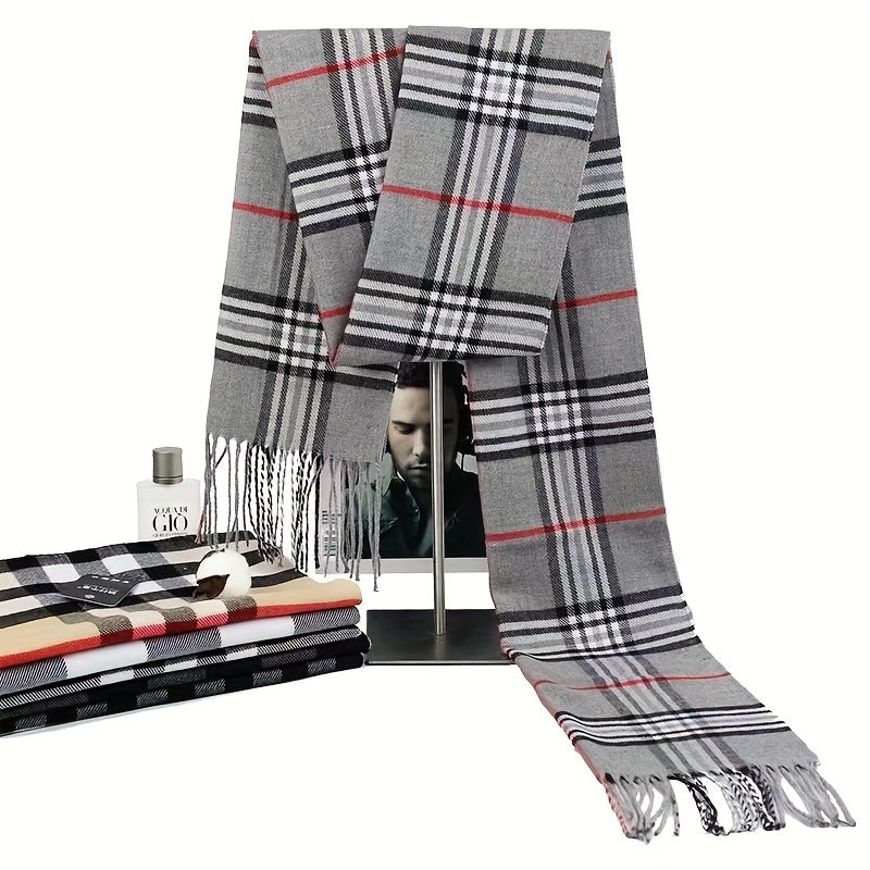 Soft and warm woven polyester men's scarf with classic checkered stripe design and fringe detail - 1 piece of classic style scarf.