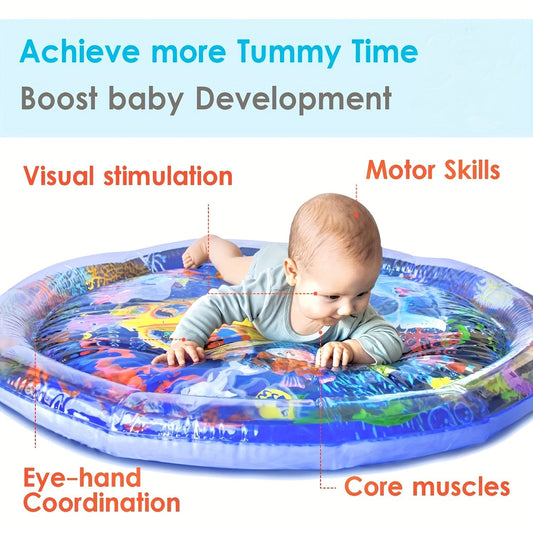 Ocean-themed PVC inflatable baby water play mat designed to promote sensory development and enhance motor skills in infants and toddlers aged 0-3 years. The educational aquarium design measures 65.02cm and includes tummy time and play activities for