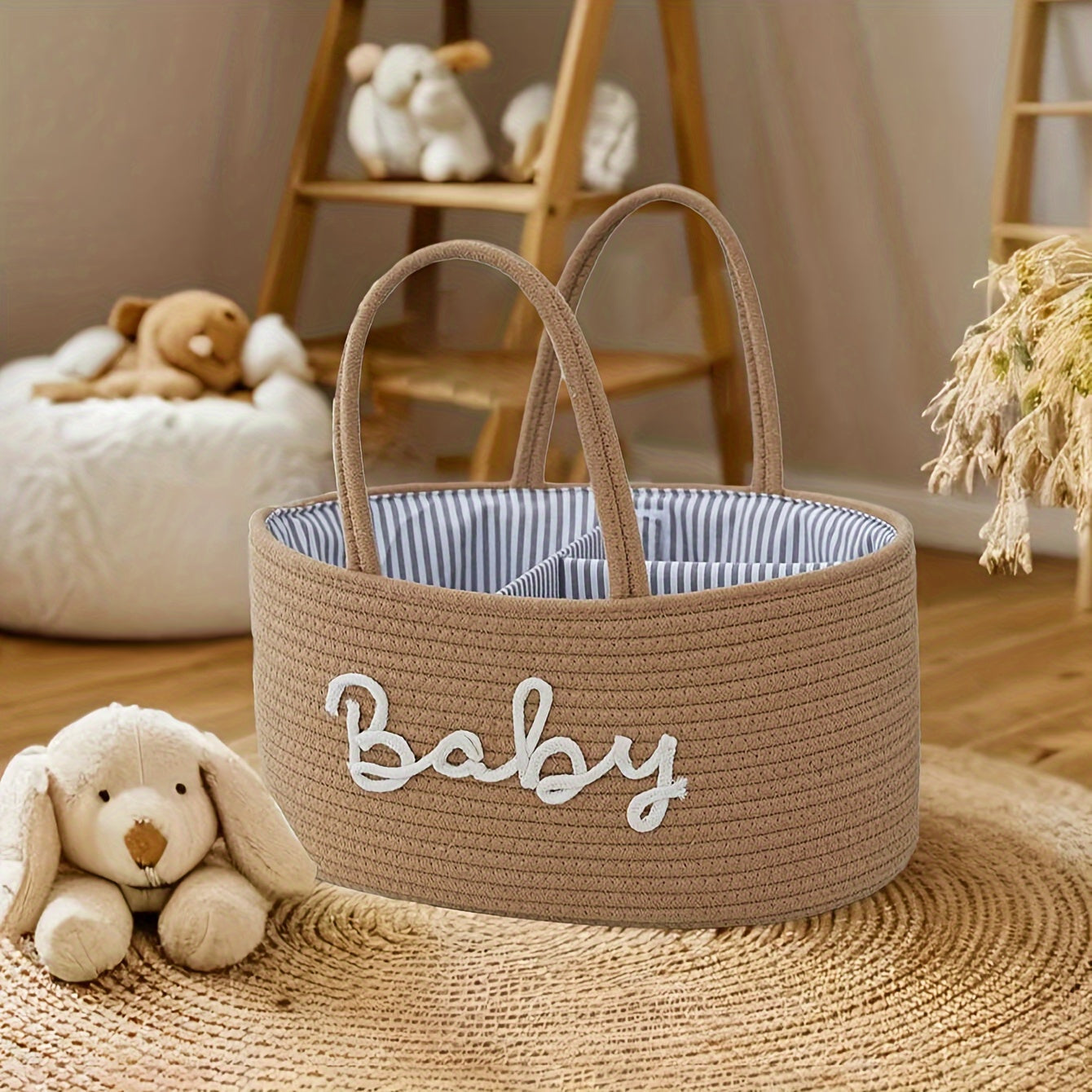 Storage basket made of cotton rope with lettered design, featuring a detachable inner basket for separating dry and wet items. Can be used as a hand-held storage solution.