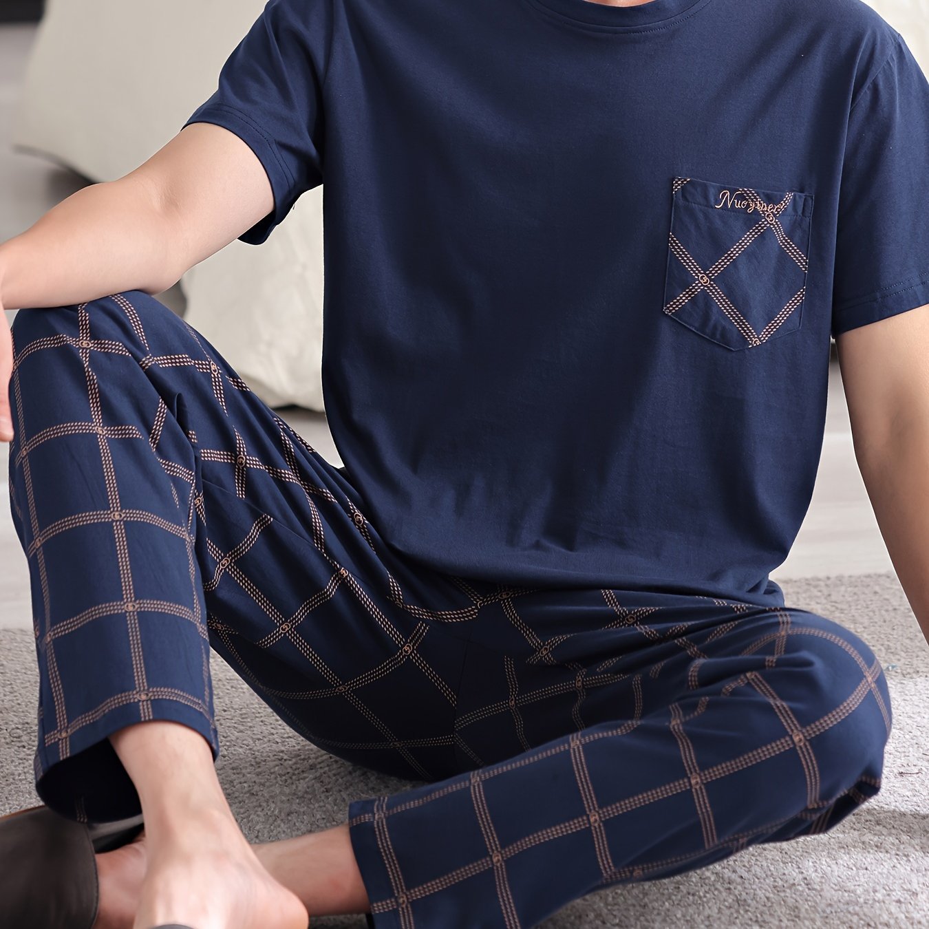 Men's Plus Size 2-Piece Cotton Pajama Set with Short Sleeve Shirt & Plaid Print Trousers, Cozy and Skin-friendly Loungewear