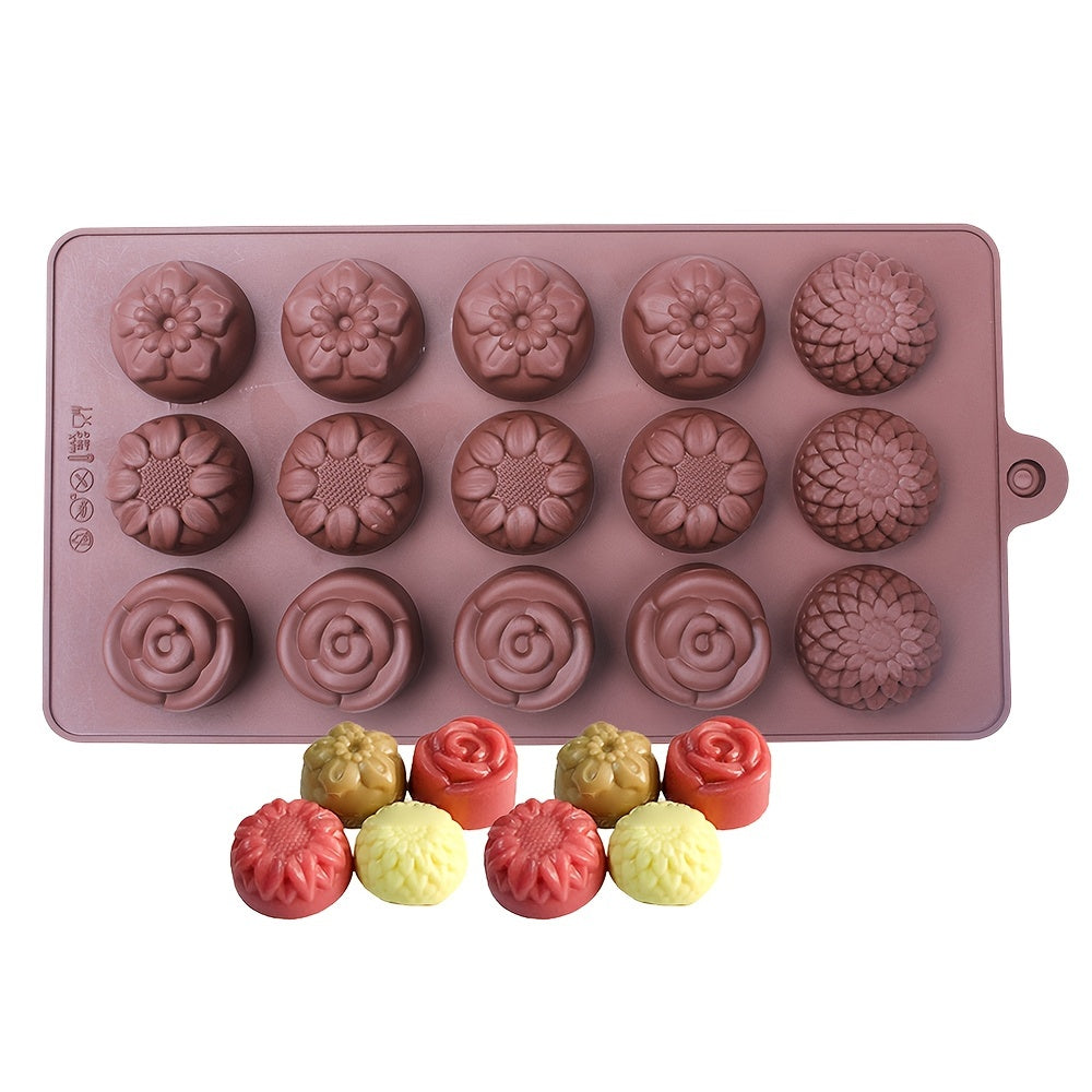 15 small flower-shaped chocolate silicone molds for DIY handmade soap, candy, jelly, mousse, and desserts. Includes 4 different kinds of flower shapes. Perfect for baking and crafting projects.