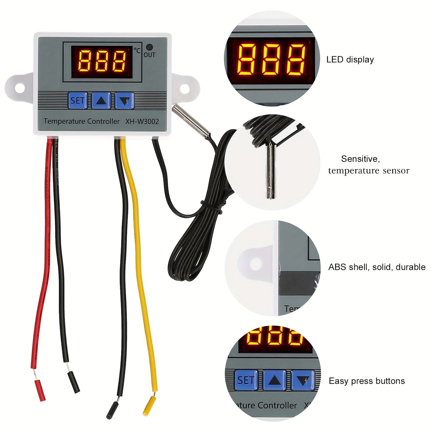 Raqamli LED Harorat Boshqaruvchisi XH-3002, 10A Termostat Regulyatori LCD Ko'rsatkich bilan, Dengiz Mahsulotlari Mashinalari va Sanoat Foydasi Uchun, AC110V~220V, Oson O'rnatish, Oq va Kulrang, Uy Termostati.