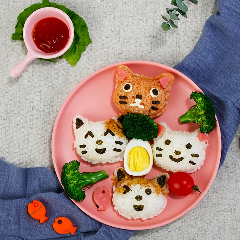 Set of 4 adorable cat-shaped molds for creating small rice balls, perfect for making cute cat-patterned sushi and bento. This kitchen tool is ideal for family gatherings and includes a nori punch knife for added versatility.