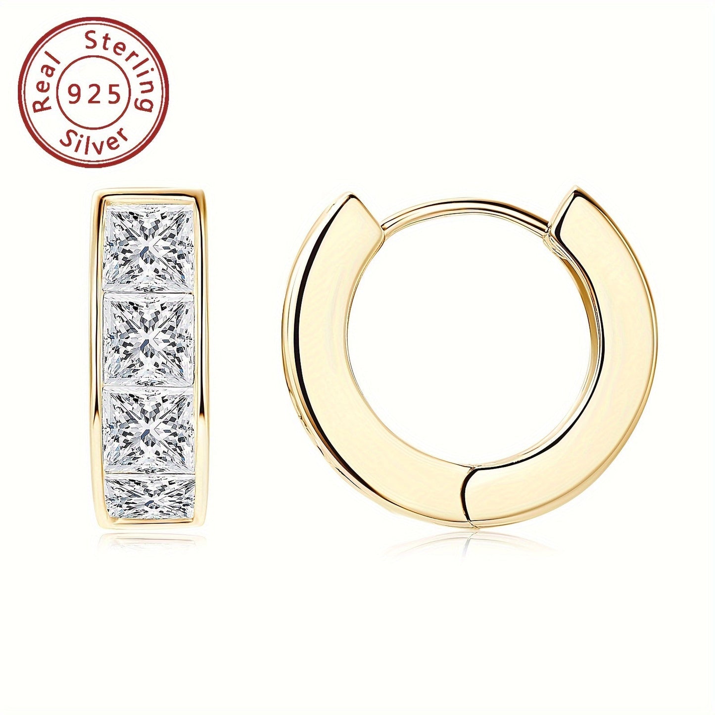 A set of elegant earrings featuring thick Moissanite stones set in 925 silver. These princess square cut earrings showcase an irregular design, creating a unique and eye-catching look. The pure silver earrings are lightweight at 5.5g and feature 8 pieces