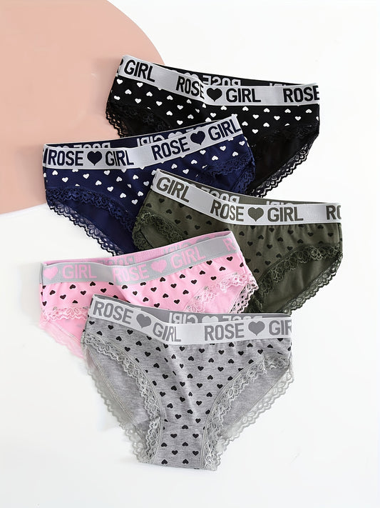 5-Pack Rose Heart Print Women's Briefs, Low-Rise Underwear with Spandex, Alphabet Pattern, 95% Knit Fabric, 5% Spandex.