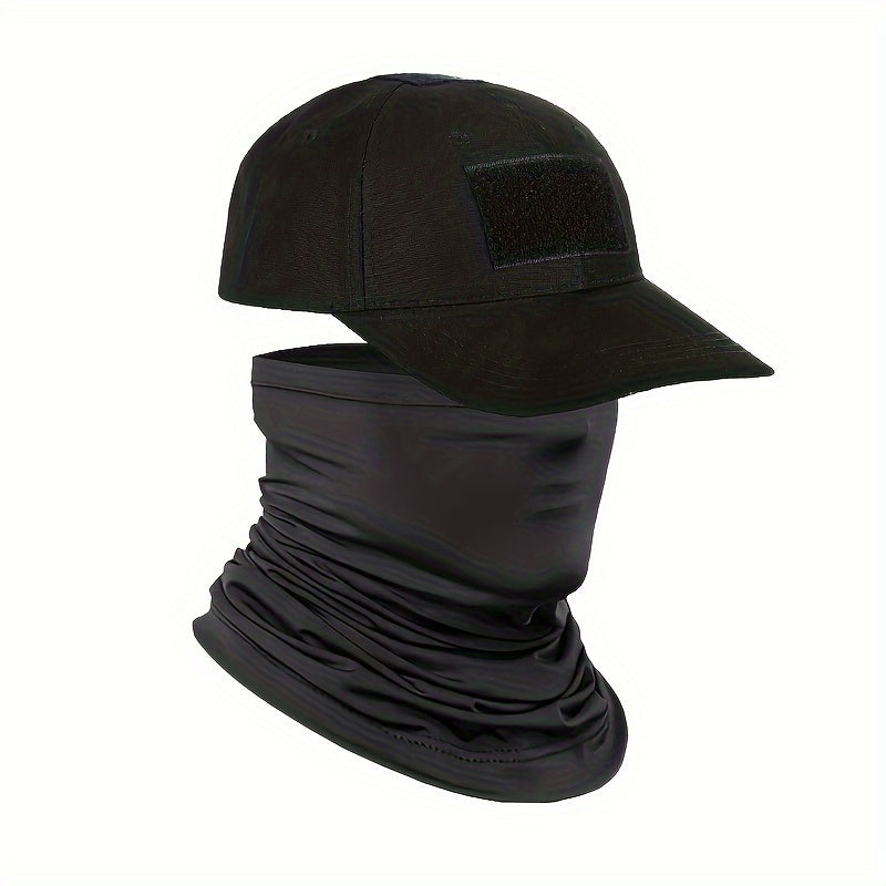 Camouflage baseball cap with cooling neck gaiter and UV protection mask for men and women, suitable for outdoor activities.