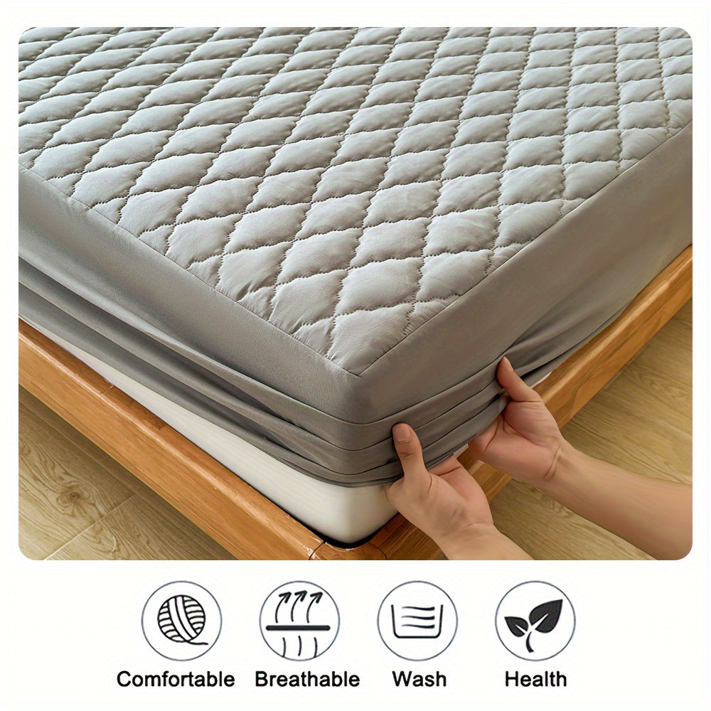 Waterproof Quilted Fitted Sheet Protector for Single or Double Bed in Gray/White - 1 Piece