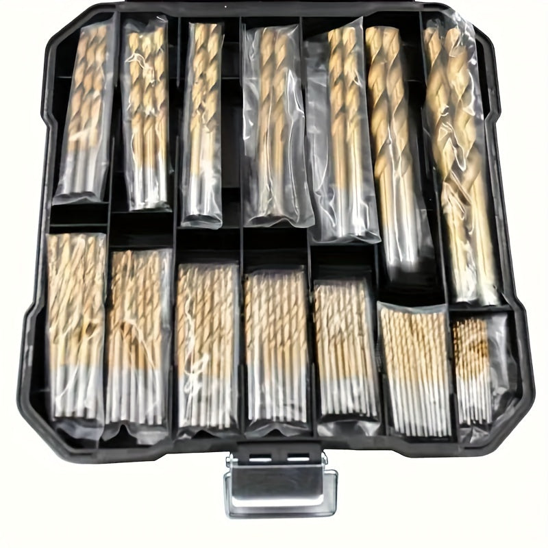 50-piece set of titanium coated high-speed steel drill bits with hex shank for metal, wood, and plastic.