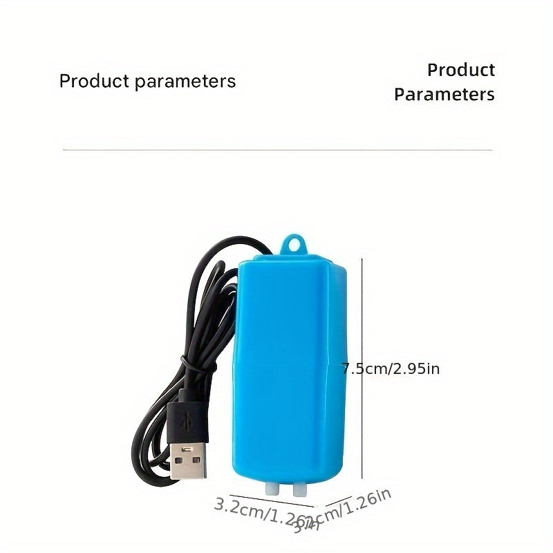 A USB aquarium oxygen pump with dual ports and air stone operates quietly and automatically, ideal for fish tanks or aquariums.