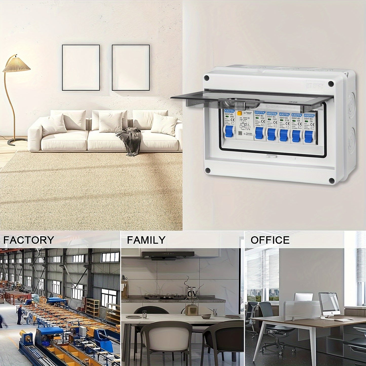 Surface-mounted 5/8/12-circuit micro circuit breaker combination switch box for home/office/shopping center power distribution.