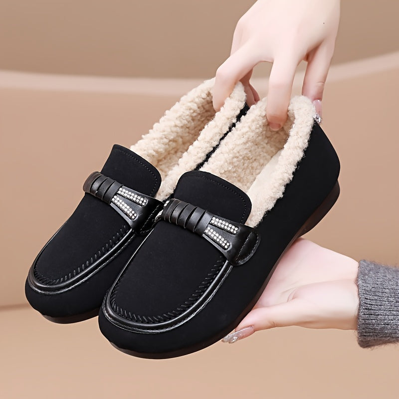 Women's Plush-Lined Loafers with Non-Slip Sole- Black, Warm and Cozy for Winter