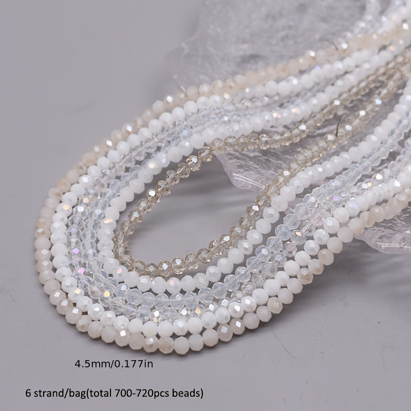 720 pieces of faceted glass rondelle beads measuring 4mm each, sold in a convenient bag. Perfect for crafting jewelry, DIY projects, and adding embellishments to clothing items such as necklaces, bracelets, and more.