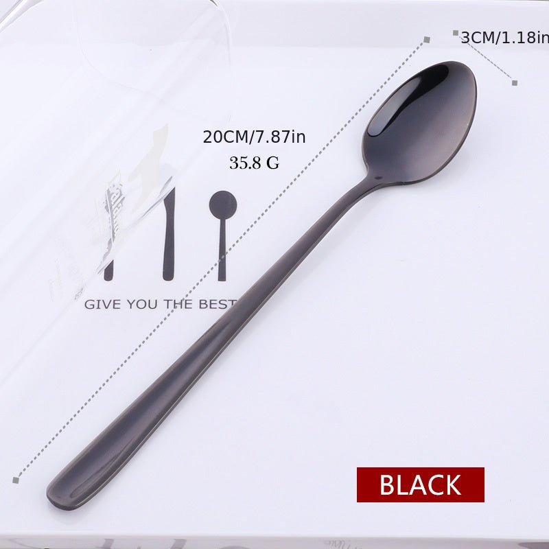 Long handle rainbow ice spoon made of 18/10 stainless steel for mixing and stirring beverages, ice cream, or desserts. Mirror polished.