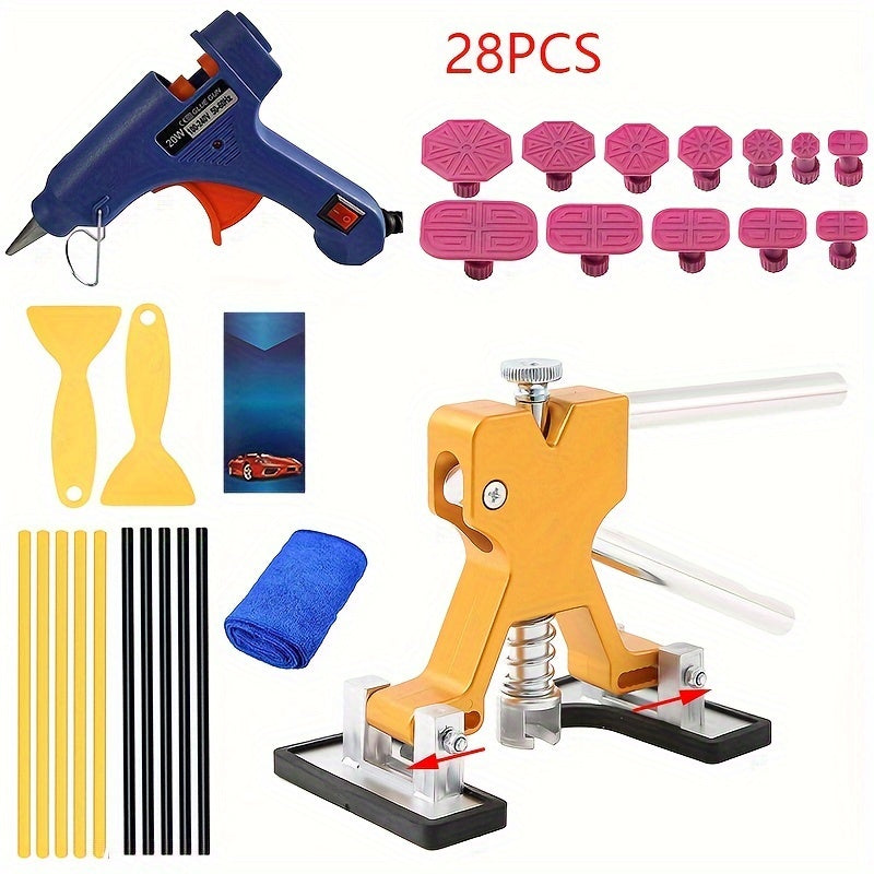 Car dent repair kit with options of 28 or 71 pieces for auto body dent removal using suction cups.