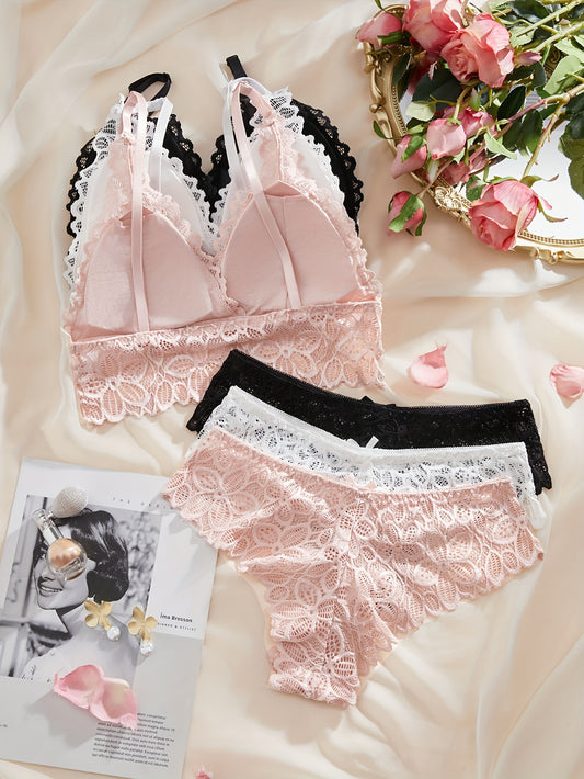 6-piece women's lingerie set with lace, includes bra and panties, non-transparent, solid color, sexy.