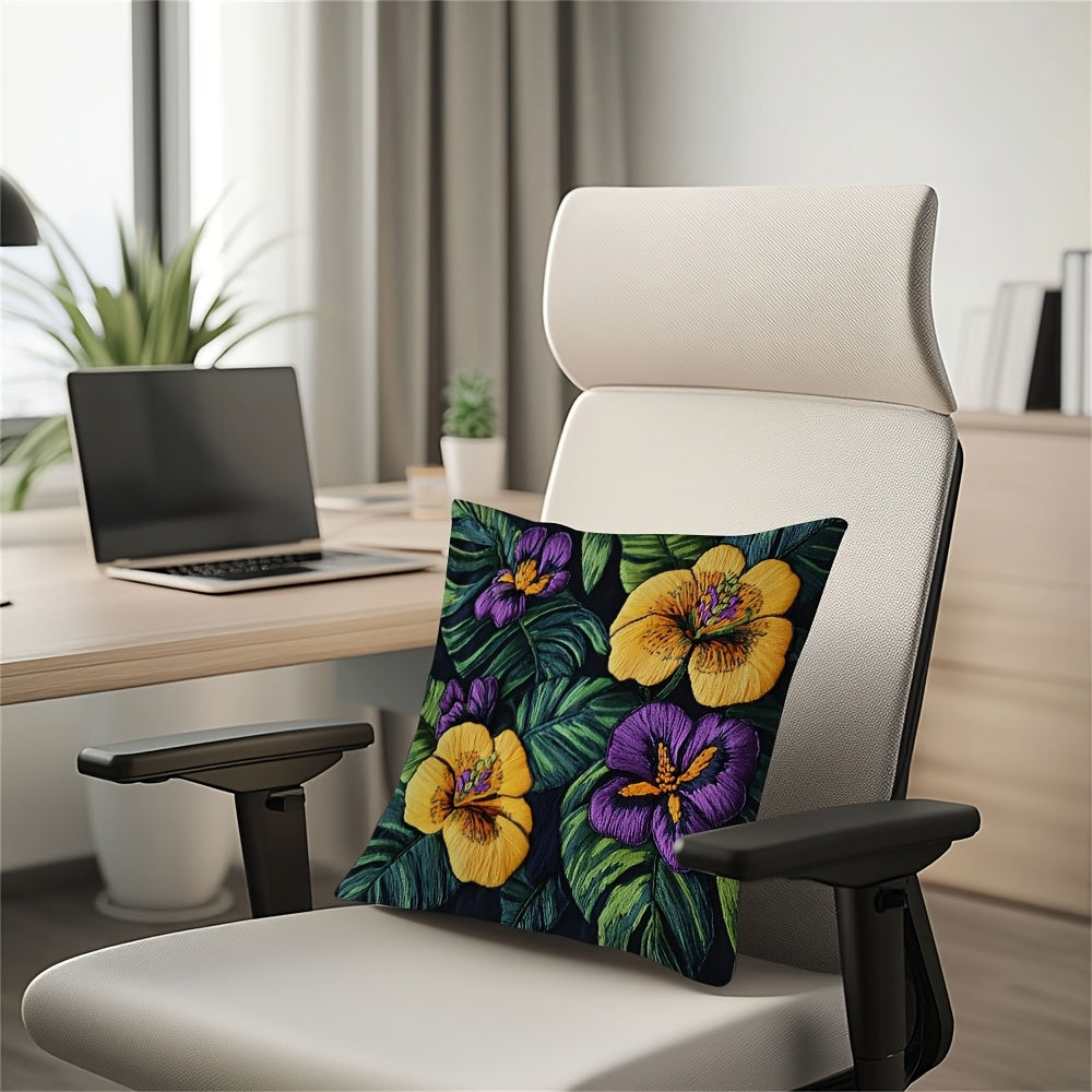 Square Pillow Cover with Tropical Floral Embroidery, Made of 100% Polyester, Double-Sided Design with Zipper Closure, Easy to Clean in Washing Machine, Ideal for Home or Office Farmhouse Style Decoration