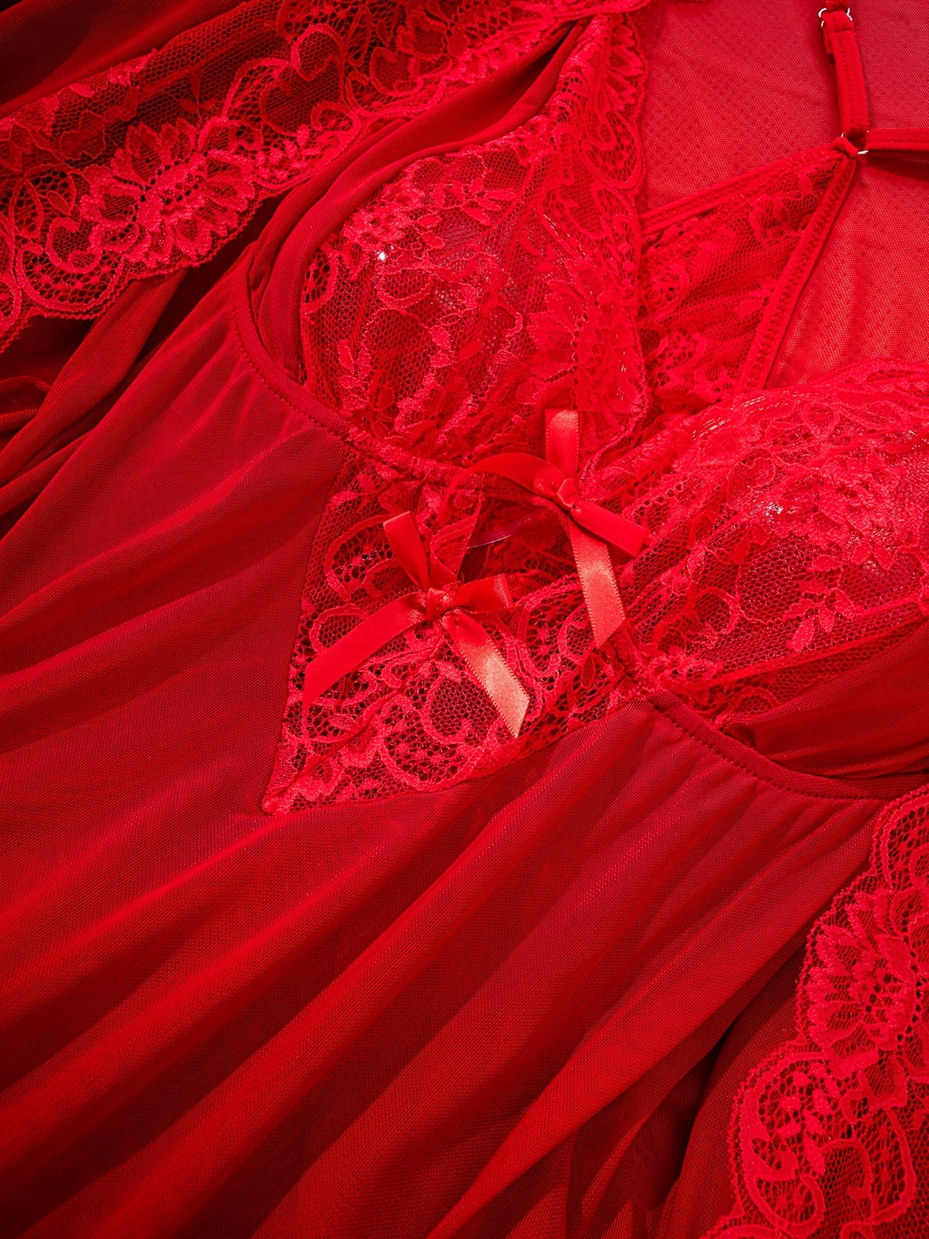 Elegant red lace-trimmed robe and slip dress set for women, semi-sheer with no padding.